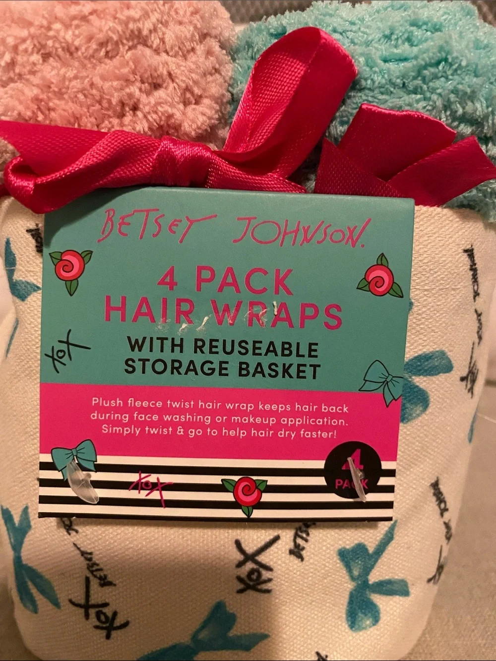 Betsey Johnson 4-Pack Plush Hair Wraps in storage basket
